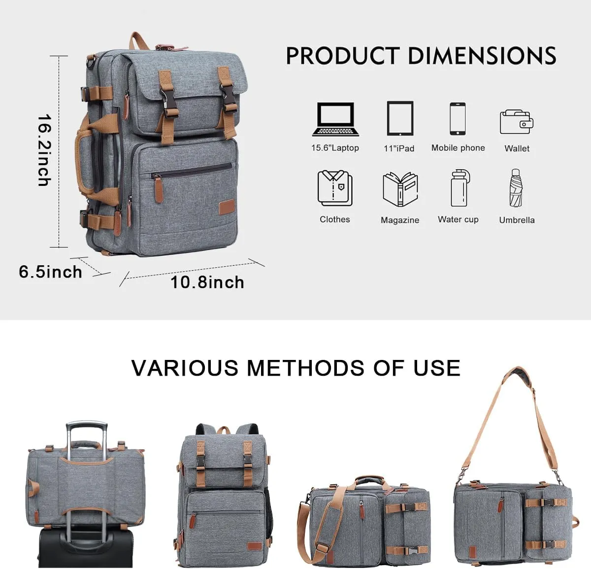 MOLNIA 3 in 1 Laptop Bag for Men, 15.6 Inches Office Laptop Work Bags, Computer Bags for Laptops for Men Women, Business Backpack, Briefcases Messenger Crossbody Shoulder Bag for Men, Gray