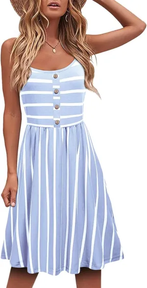 MOQIVGI Womens Spaghetti Strap Button Detail Pleated Summer Casual Stripe Dresses