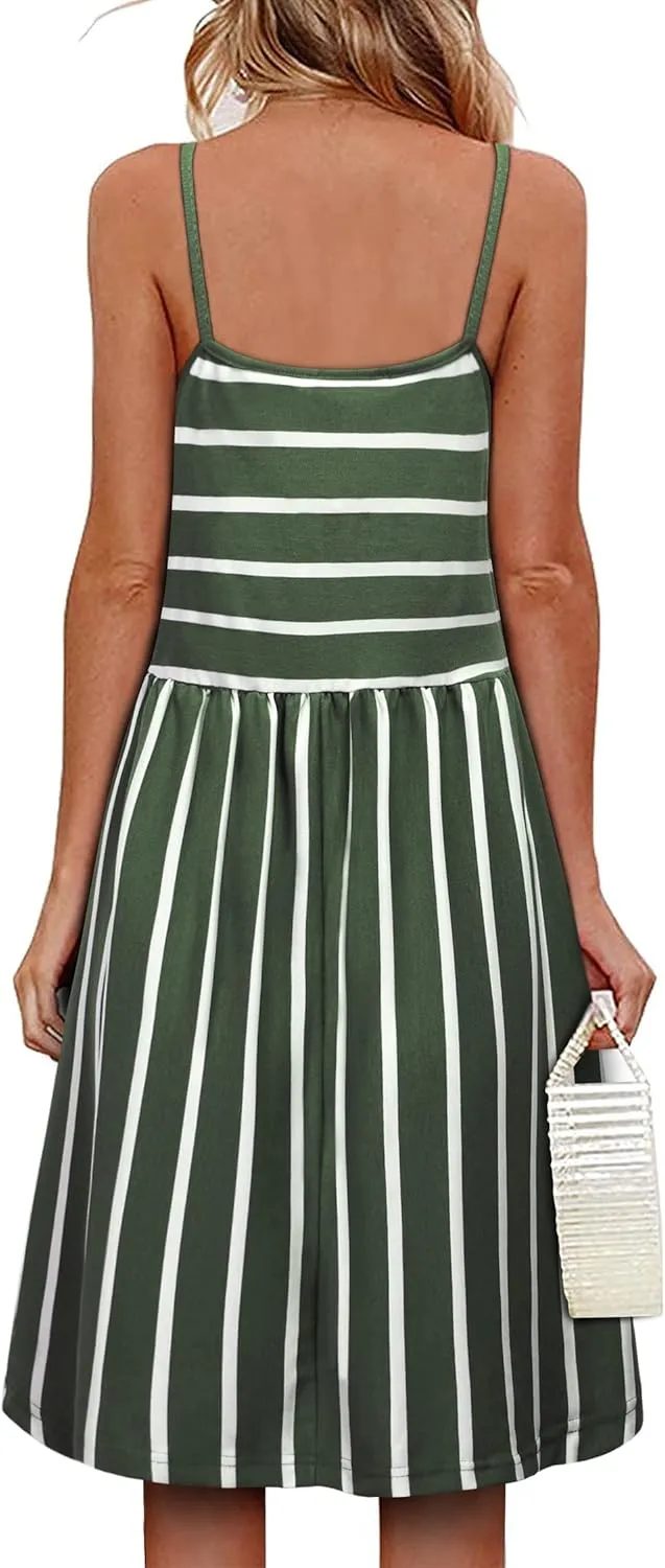 MOQIVGI Womens Spaghetti Strap Button Detail Pleated Summer Casual Stripe Dresses