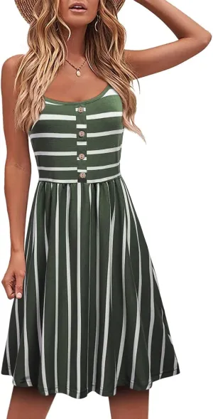 MOQIVGI Womens Spaghetti Strap Button Detail Pleated Summer Casual Stripe Dresses