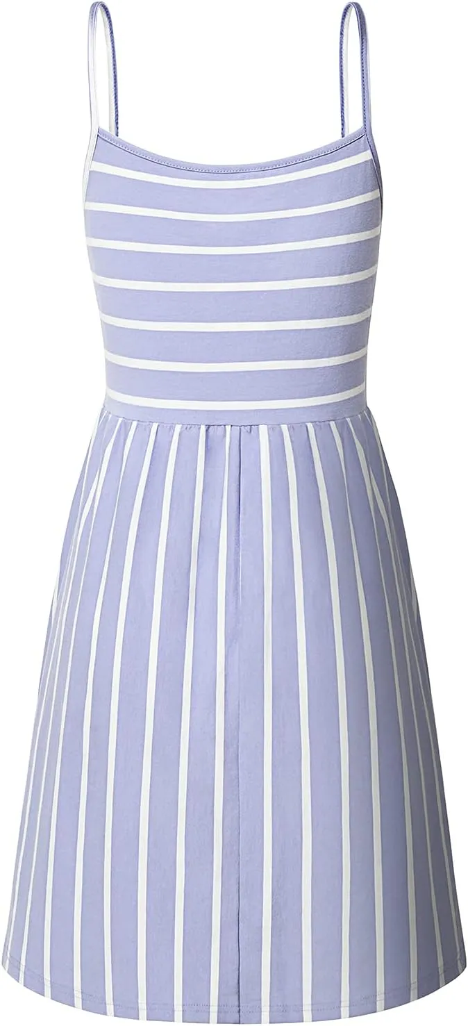 MOQIVGI Womens Spaghetti Strap Button Detail Pleated Summer Casual Stripe Dresses