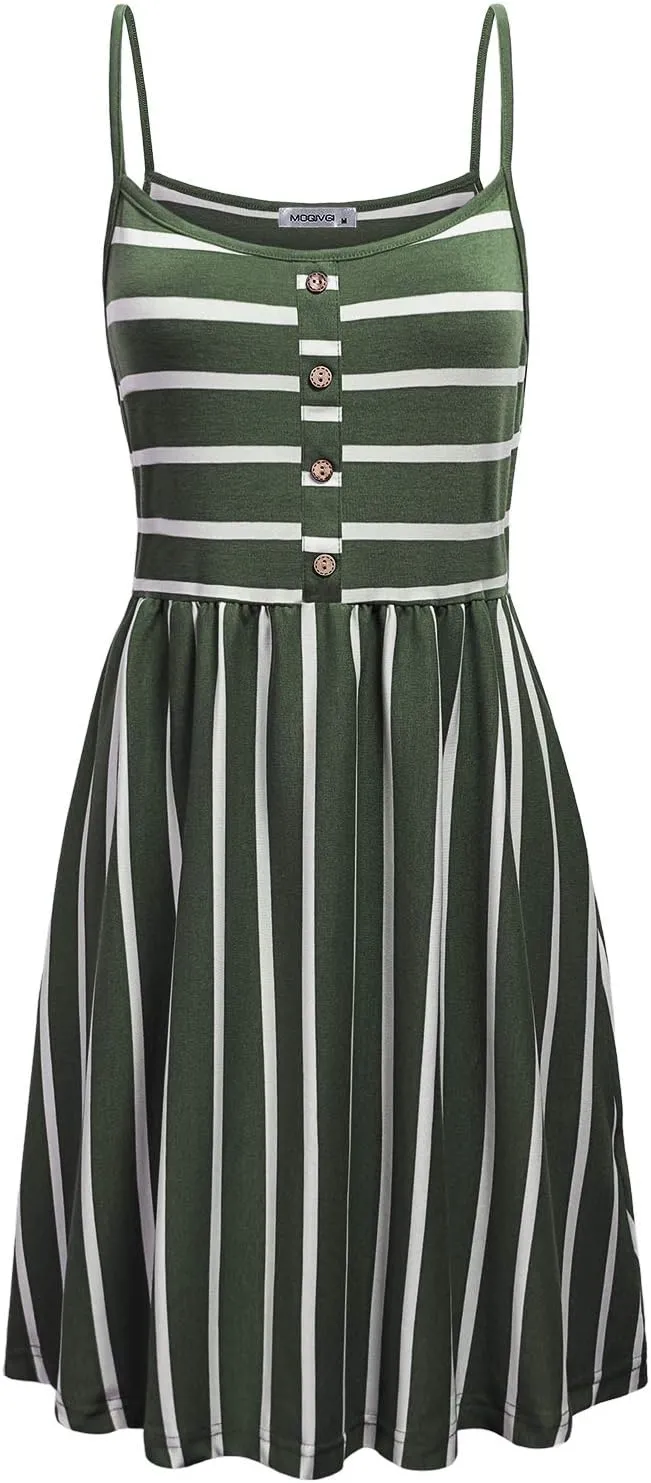 MOQIVGI Womens Spaghetti Strap Button Detail Pleated Summer Casual Stripe Dresses