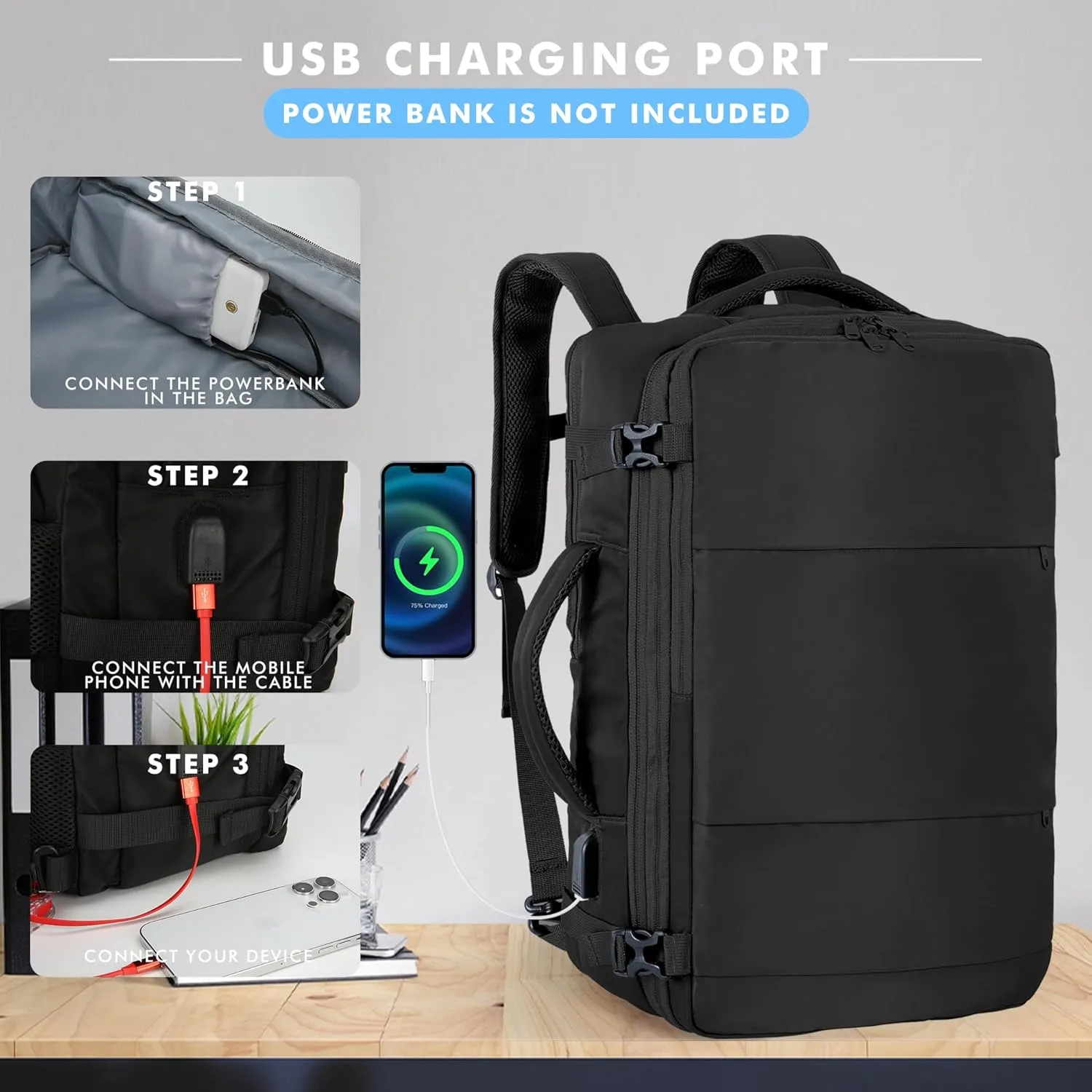 Mountain Land Carryon Bag for Travel 40L Expandable Spirit Airlines Personal Item Bag Black Weekender Backpack Mens Laptop Bag Suitcase Backpack with USB Charging Port