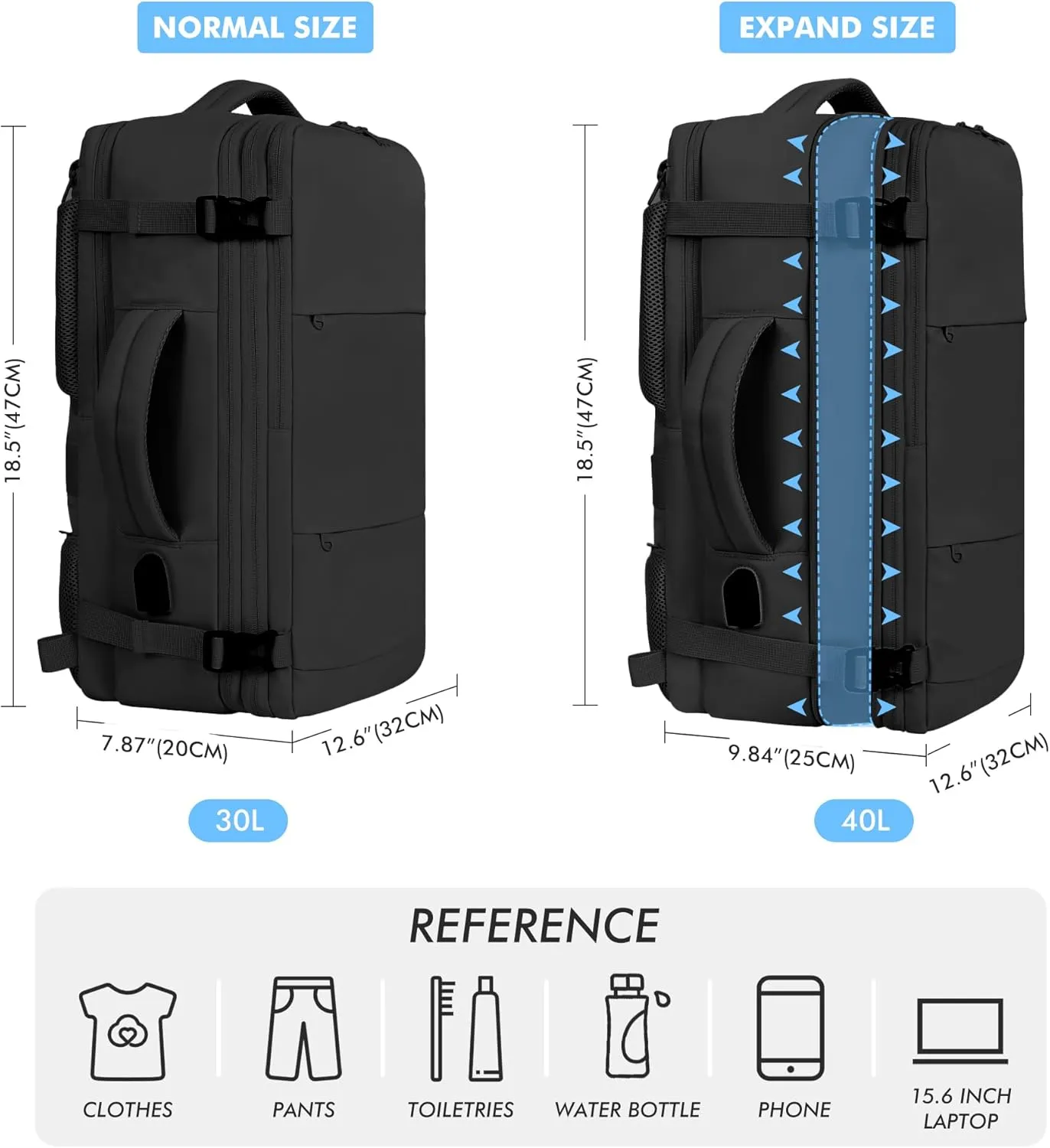 Mountain Land Carryon Bag for Travel 40L Expandable Spirit Airlines Personal Item Bag Black Weekender Backpack Mens Laptop Bag Suitcase Backpack with USB Charging Port