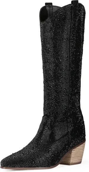 MUCCCUTE Women's Rhinestone Mid Calf Boots Sparkly Block Heel Cowboy Boots Glitter Boots