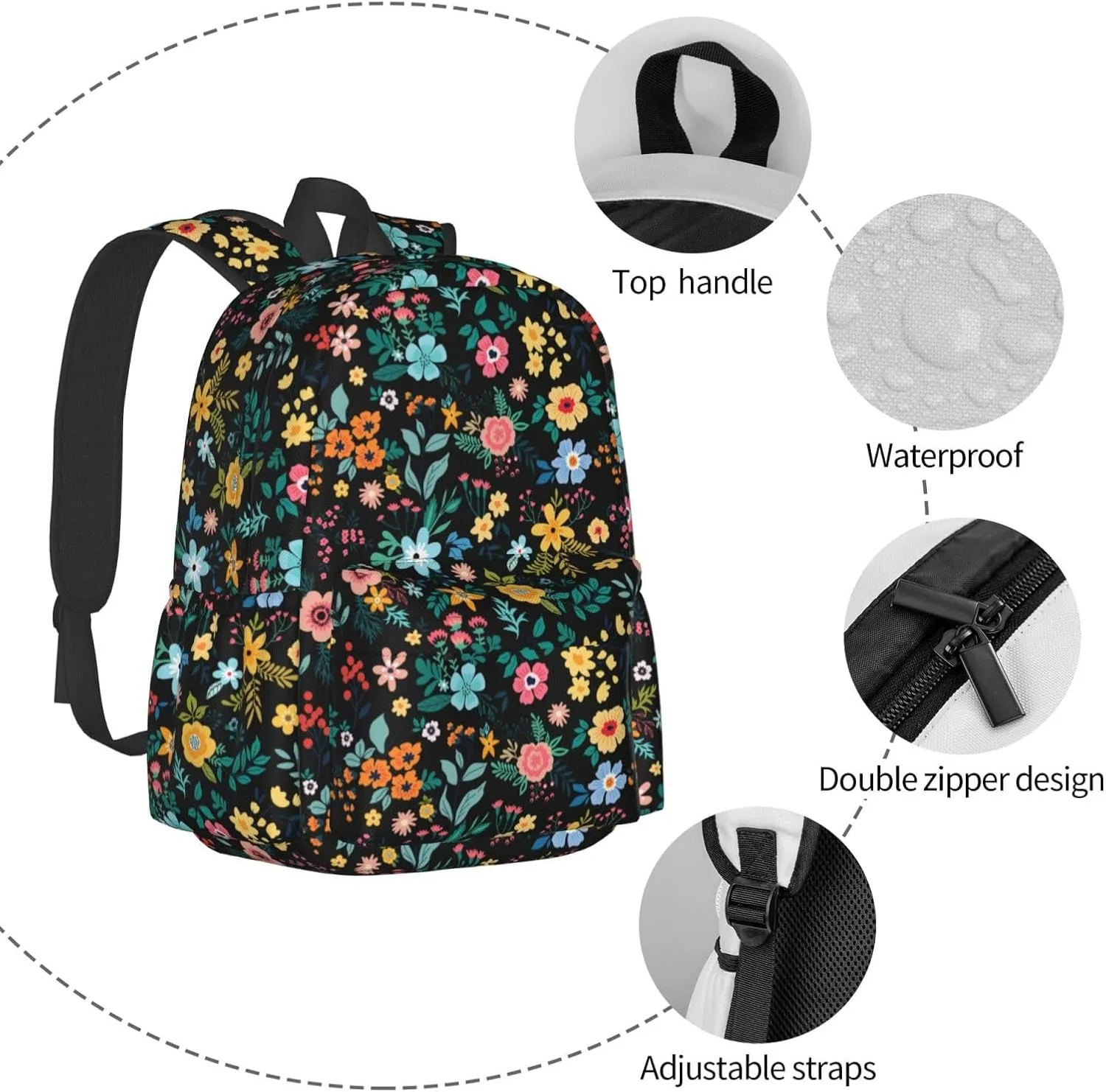 Multi Flowers Waterproof Backpack Adjustable Shoulder Straps Bag Large Capacity Casual Daypack Bookbag For Travel Work