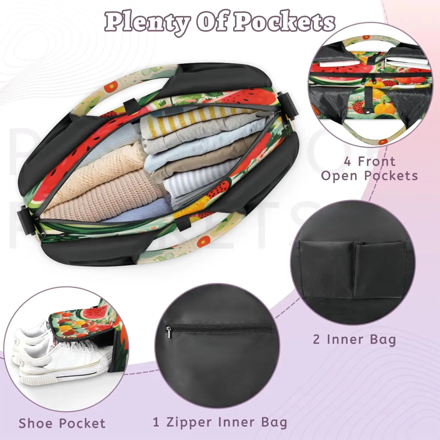 Multifruit Garden Waterproof Gym Bag for Men Women, Sports Duffel Bag with Shoe Compartment Yoga Mat Holder, Portable Large Travel Bag for Fitness, Camping, Weekend Trips