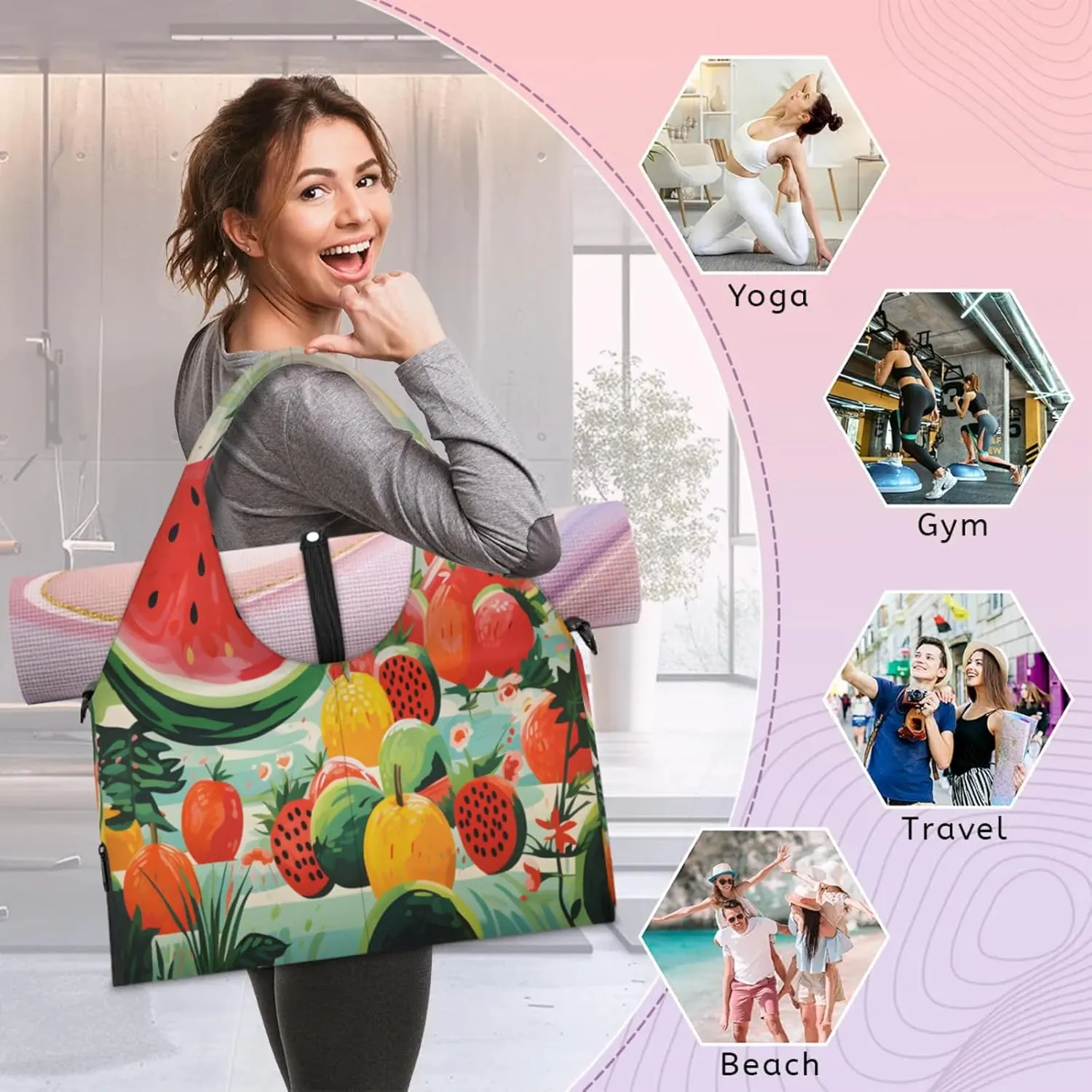 Multifruit Garden Waterproof Gym Bag for Men Women, Sports Duffel Bag with Shoe Compartment Yoga Mat Holder, Portable Large Travel Bag for Fitness, Camping, Weekend Trips