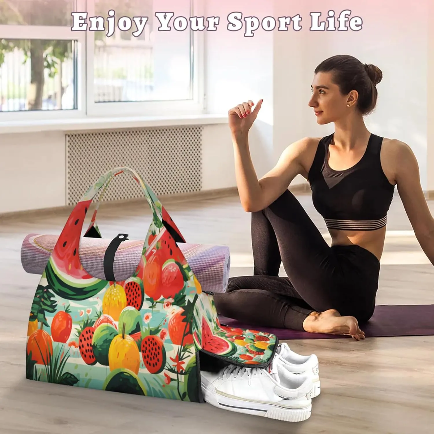 Multifruit Garden Waterproof Gym Bag for Men Women, Sports Duffel Bag with Shoe Compartment Yoga Mat Holder, Portable Large Travel Bag for Fitness, Camping, Weekend Trips