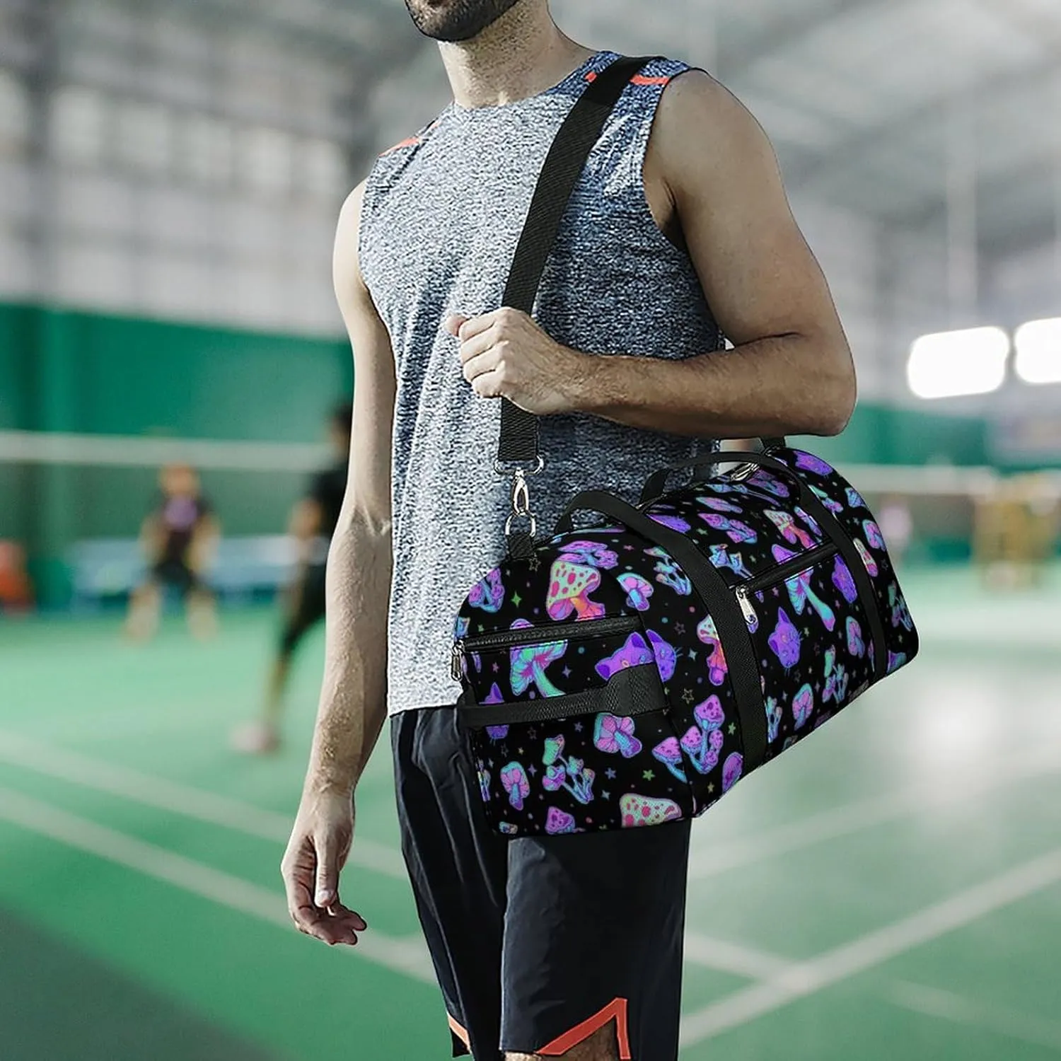 Mushroom Cat Sport Gym Duffle Travel Bag with Shoe Compartment,Wet Pocket for Men and Women