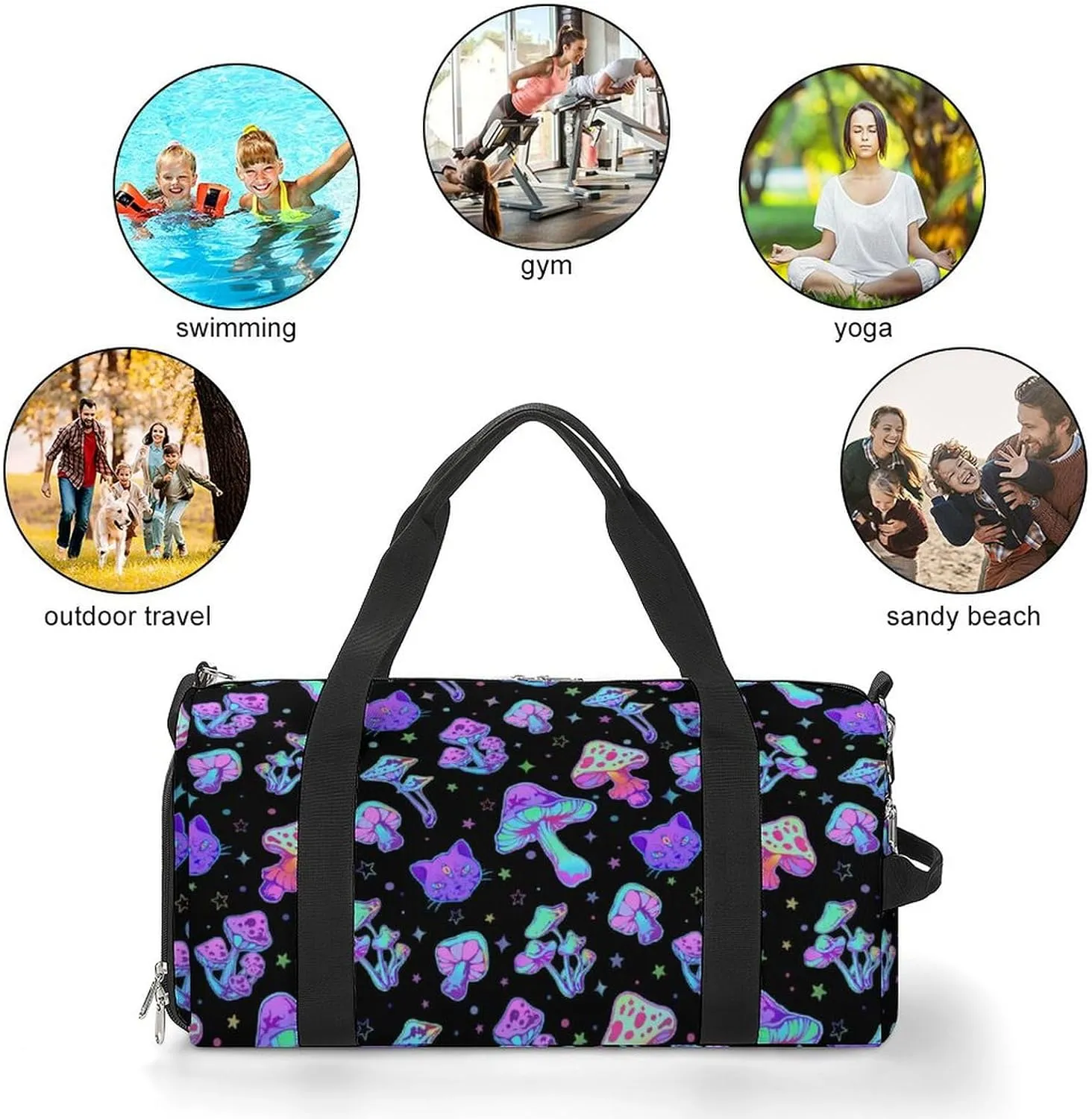 Mushroom Cat Sport Gym Duffle Travel Bag with Shoe Compartment,Wet Pocket for Men and Women