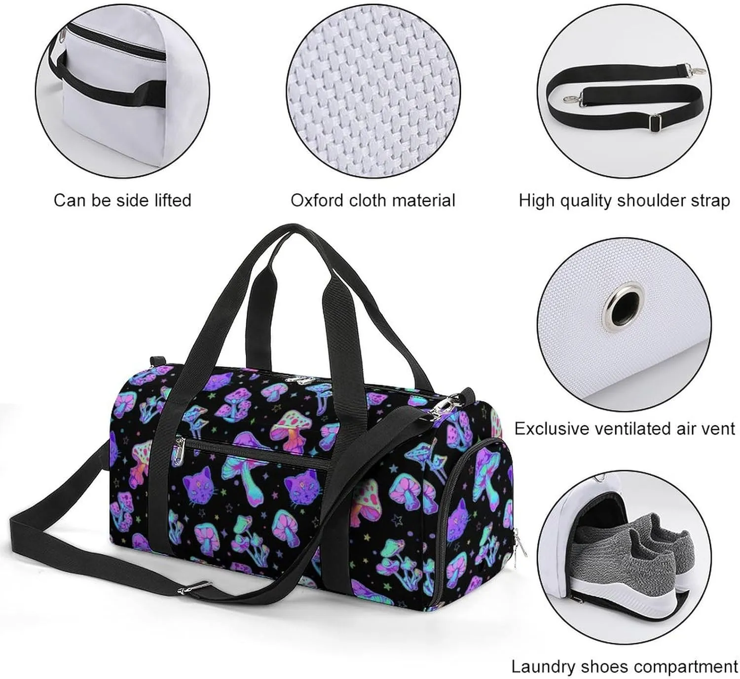 Mushroom Cat Sport Gym Duffle Travel Bag with Shoe Compartment,Wet Pocket for Men and Women