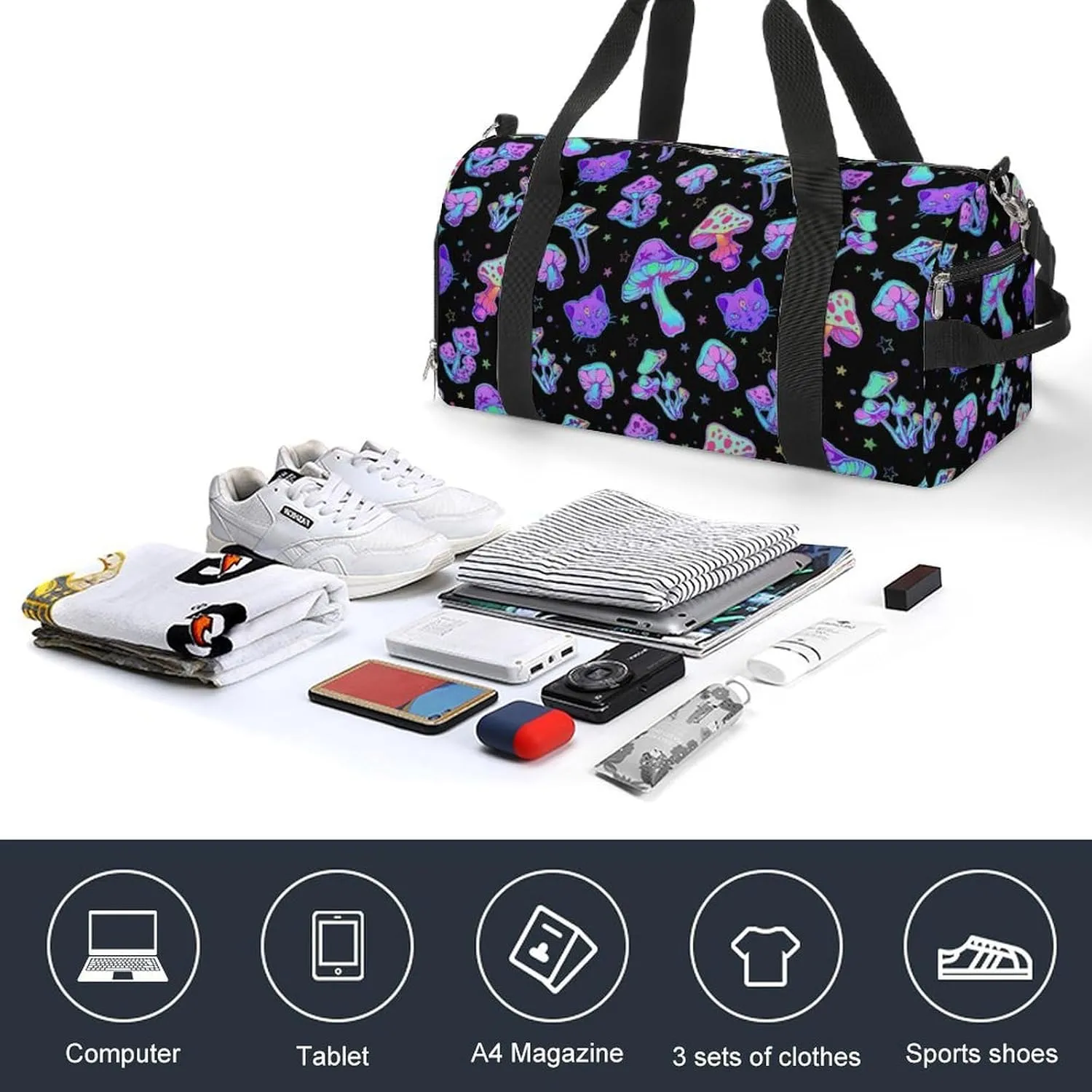 Mushroom Cat Sport Gym Duffle Travel Bag with Shoe Compartment,Wet Pocket for Men and Women