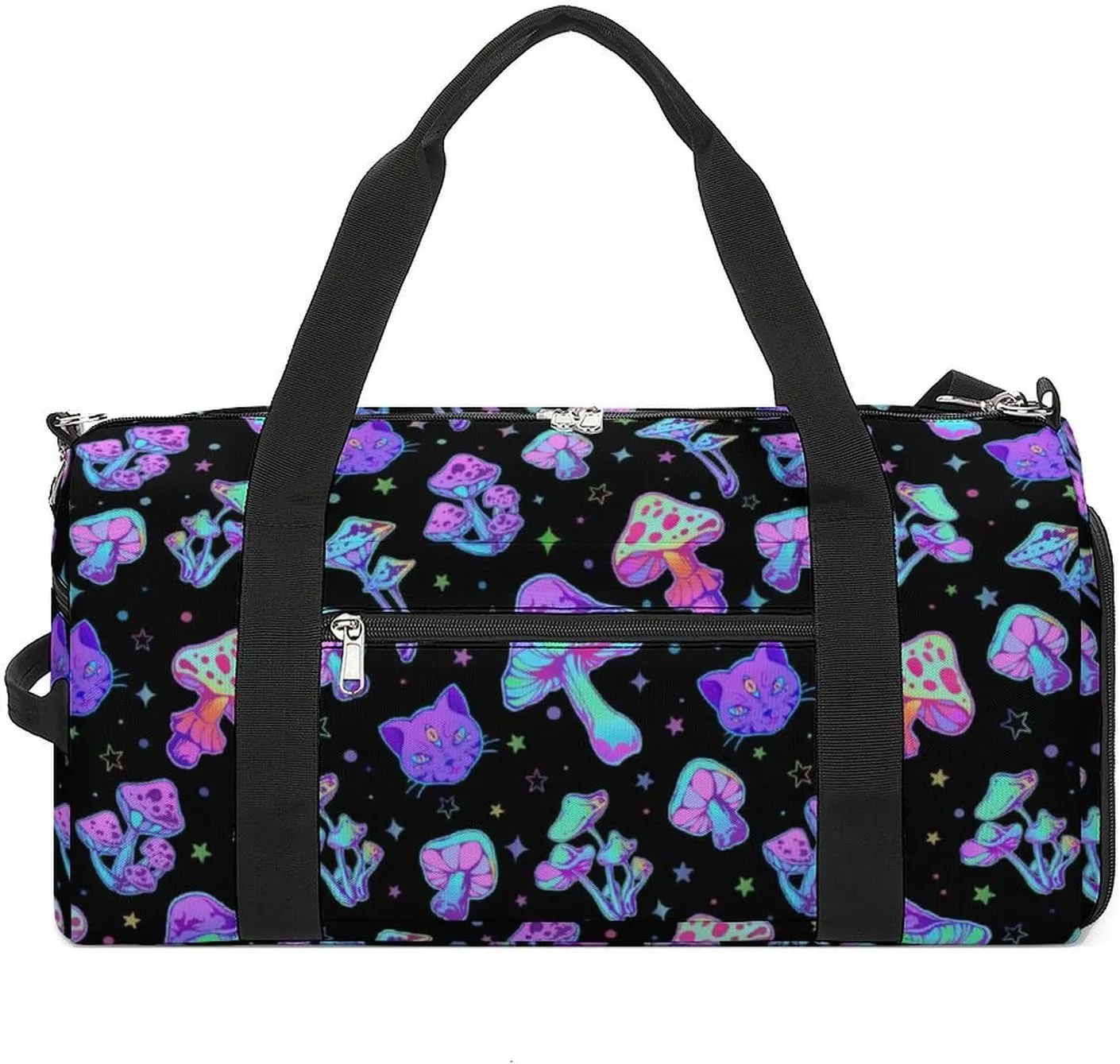 Mushroom Cat Sport Gym Duffle Travel Bag with Shoe Compartment,Wet Pocket for Men and Women