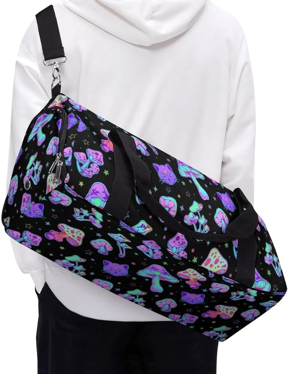 Mushroom Cat Sport Gym Duffle Travel Bag with Shoe Compartment,Wet Pocket for Men and Women