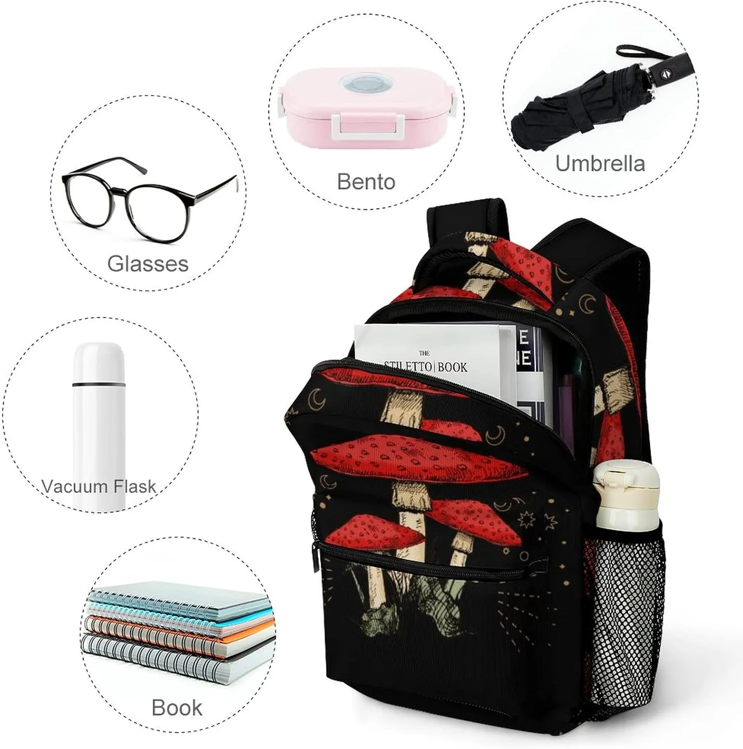 Mushroom Moon Backpack Print Work Leisure Travel Schoolbag Adjustable Practical Gift Unisex Laptop Backpack One Size