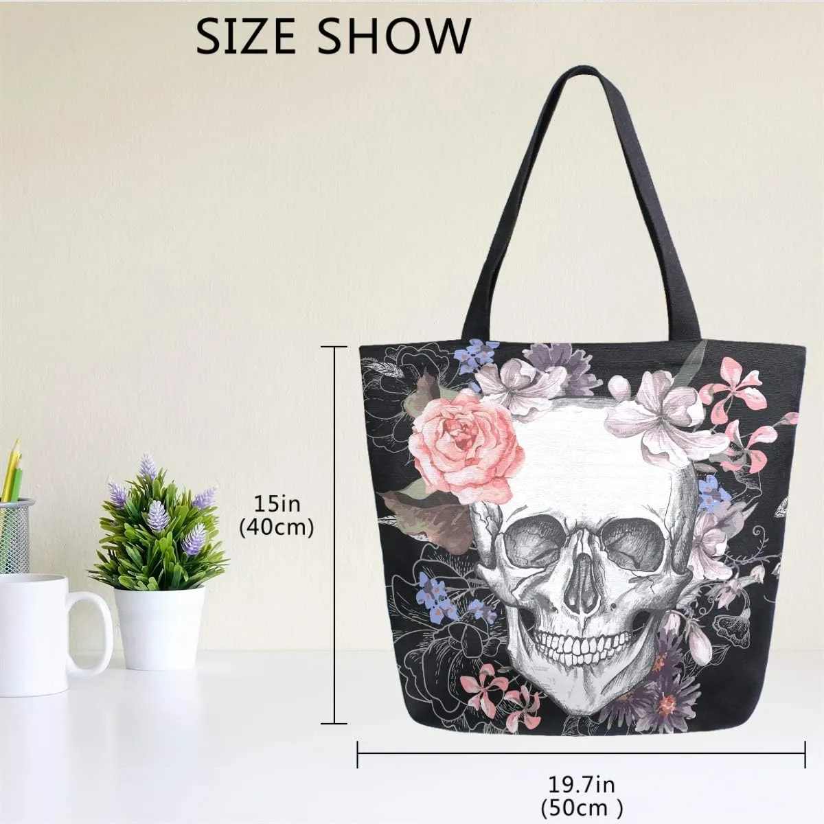 Naanle Day of The Dead Canvas Tote Bag - Large Women's Casual Shoulder Handbag, Floral Skull Reusable Multipurpose Heavy Duty Shopping Grocery Cotton Bag for Outdoors