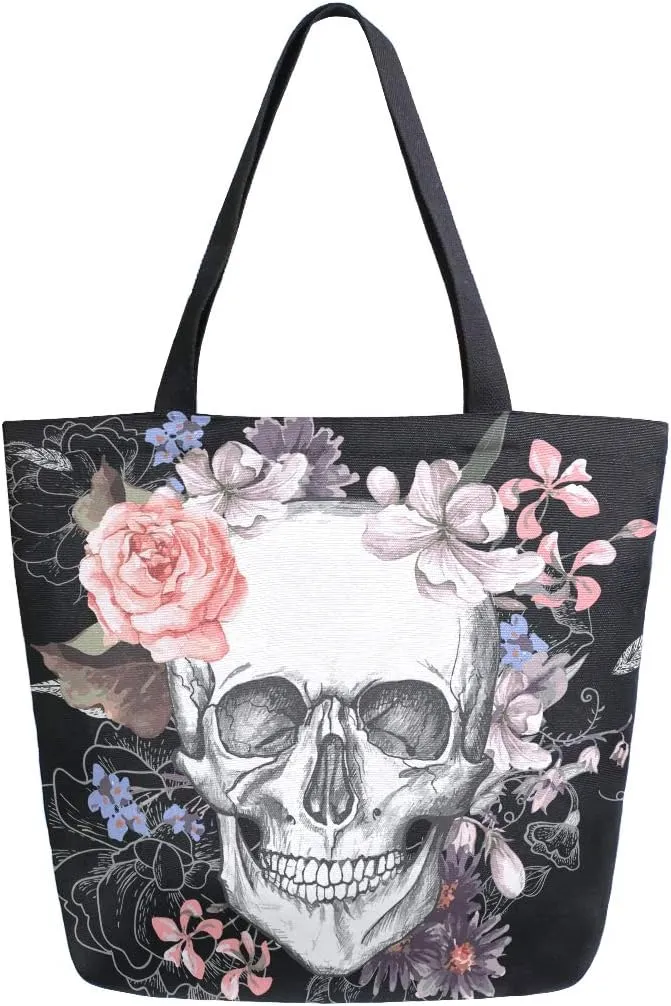 Naanle Day of The Dead Canvas Tote Bag - Large Women's Casual Shoulder Handbag, Floral Skull Reusable Multipurpose Heavy Duty Shopping Grocery Cotton Bag for Outdoors