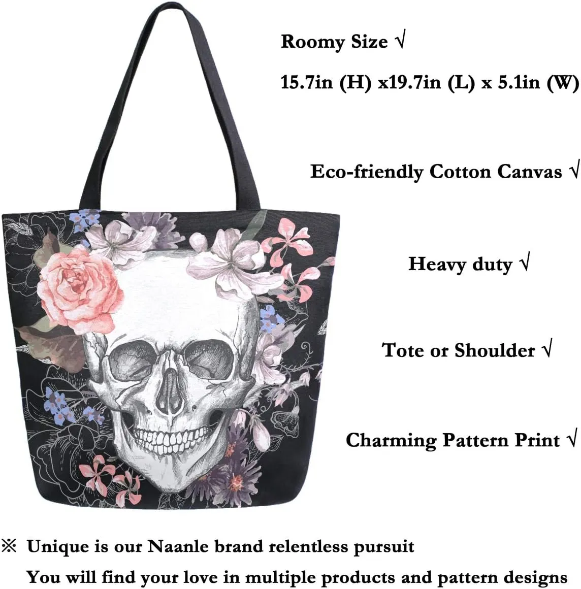 Naanle Day of The Dead Canvas Tote Bag - Large Women's Casual Shoulder Handbag, Floral Skull Reusable Multipurpose Heavy Duty Shopping Grocery Cotton Bag for Outdoors
