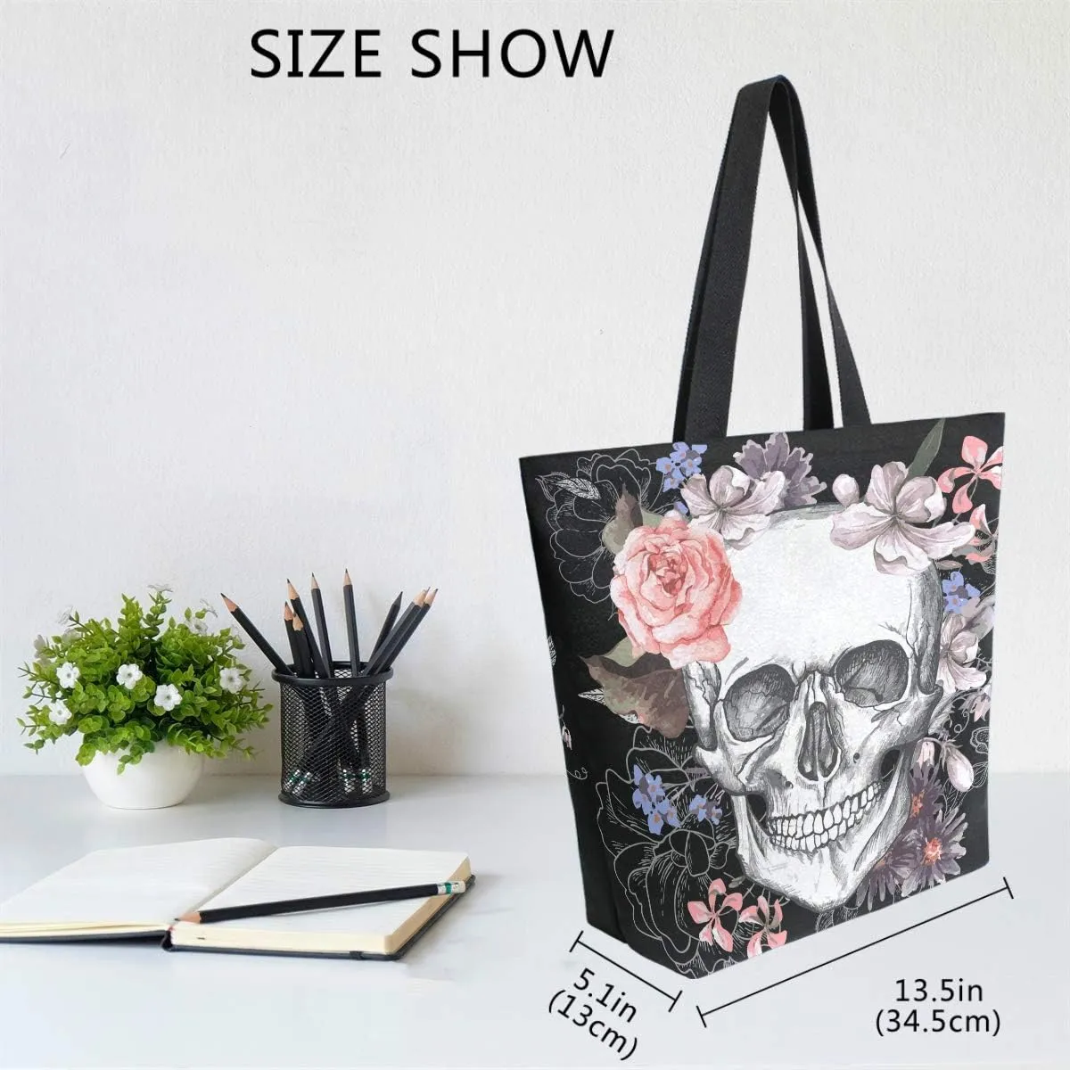 Naanle Day of The Dead Canvas Tote Bag - Large Women's Casual Shoulder Handbag, Floral Skull Reusable Multipurpose Heavy Duty Shopping Grocery Cotton Bag for Outdoors