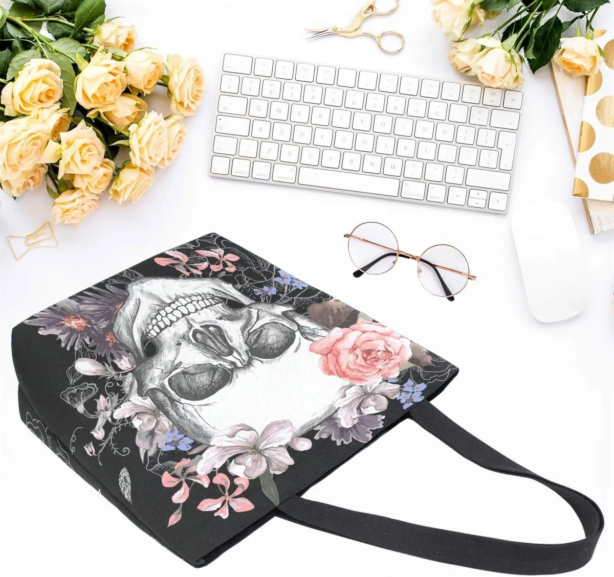 Naanle Day of The Dead Canvas Tote Bag - Large Women's Casual Shoulder Handbag, Floral Skull Reusable Multipurpose Heavy Duty Shopping Grocery Cotton Bag for Outdoors