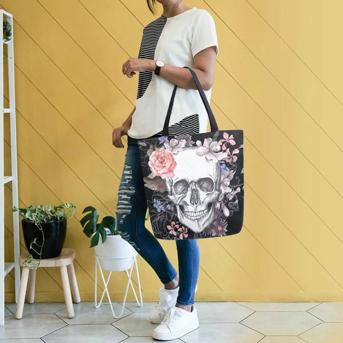 Naanle Day of The Dead Canvas Tote Bag - Large Women's Casual Shoulder Handbag, Floral Skull Reusable Multipurpose Heavy Duty Shopping Grocery Cotton Bag for Outdoors