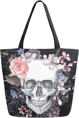 Naanle Day of The Dead Canvas Tote Bag - Large Women's Casual Shoulder Handbag, Floral Skull Reusable Multipurpose Heavy Duty Shopping Grocery Cotton Bag for Outdoors