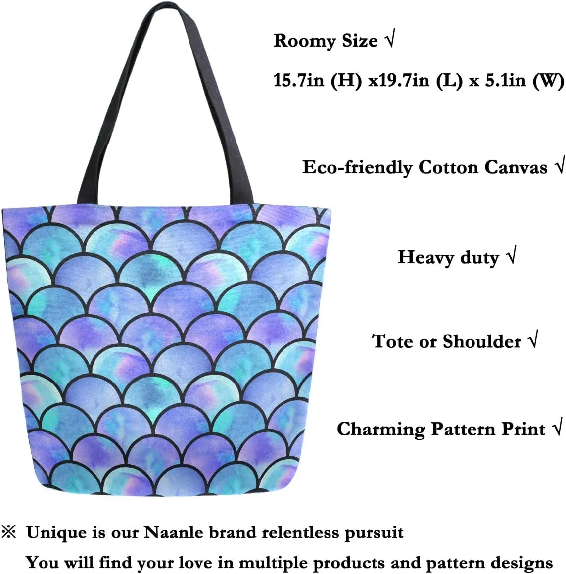 Naanle Mermaid Scale Canvas Tote Bag Large Women Casual Shoulder Bag Handbag, Mermaid Scale Reusable Multipurpose Heavy Duty Shopping Grocery Cotton Bag for Outdoors.