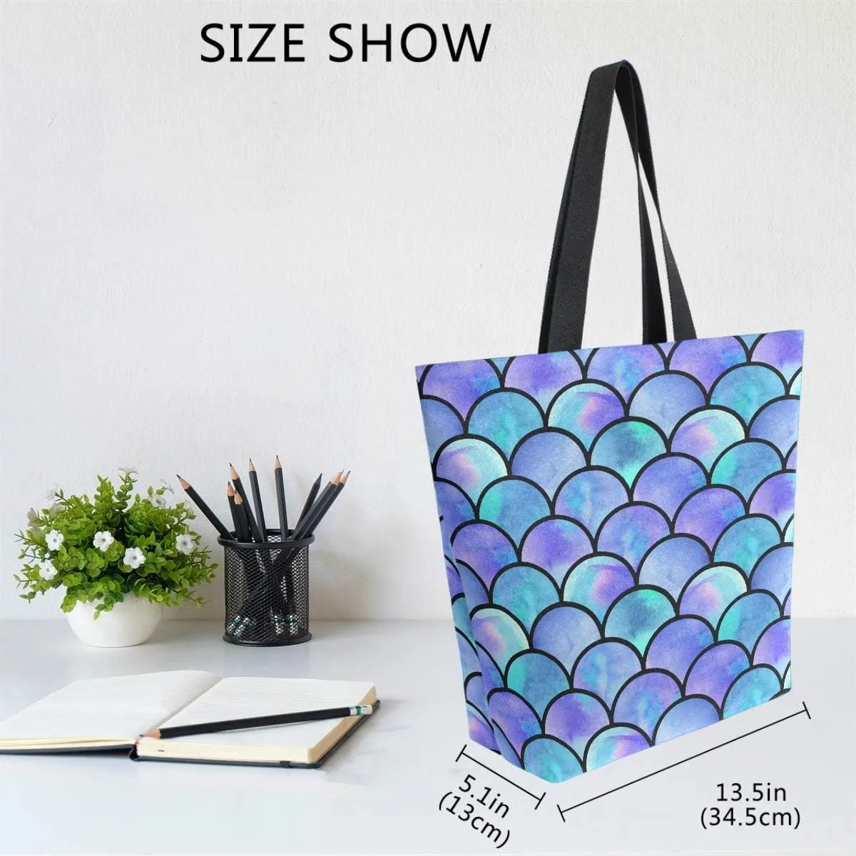 Naanle Mermaid Scale Canvas Tote Bag Large Women Casual Shoulder Bag Handbag, Mermaid Scale Reusable Multipurpose Heavy Duty Shopping Grocery Cotton Bag for Outdoors.