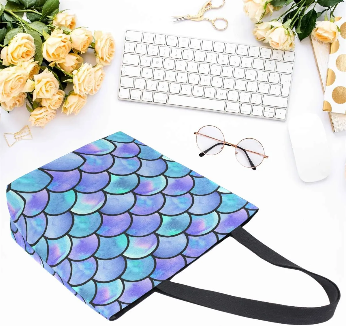 Naanle Mermaid Scale Canvas Tote Bag Large Women Casual Shoulder Bag Handbag, Mermaid Scale Reusable Multipurpose Heavy Duty Shopping Grocery Cotton Bag for Outdoors.