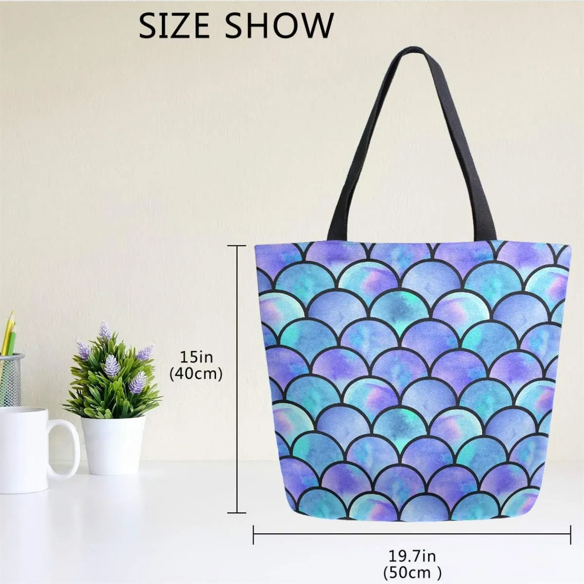 Naanle Mermaid Scale Canvas Tote Bag Large Women Casual Shoulder Bag Handbag, Mermaid Scale Reusable Multipurpose Heavy Duty Shopping Grocery Cotton Bag for Outdoors.