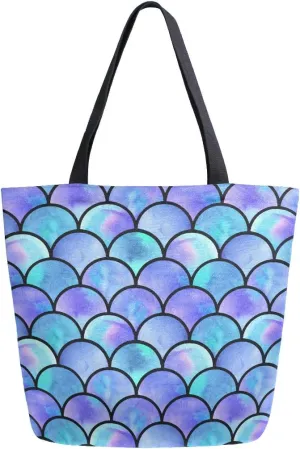 Naanle Mermaid Scale Canvas Tote Bag Large Women Casual Shoulder Bag Handbag, Mermaid Scale Reusable Multipurpose Heavy Duty Shopping Grocery Cotton Bag for Outdoors.