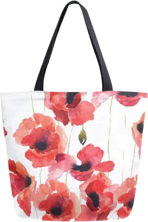 Naanle Poppy Flowers Canvas Tote Bag - Large Women's Casual Shoulder Handbag, Watercolor Poppy Reusable Multipurpose Heavy Duty Shopping Grocery Cotton Bag for Outdoors