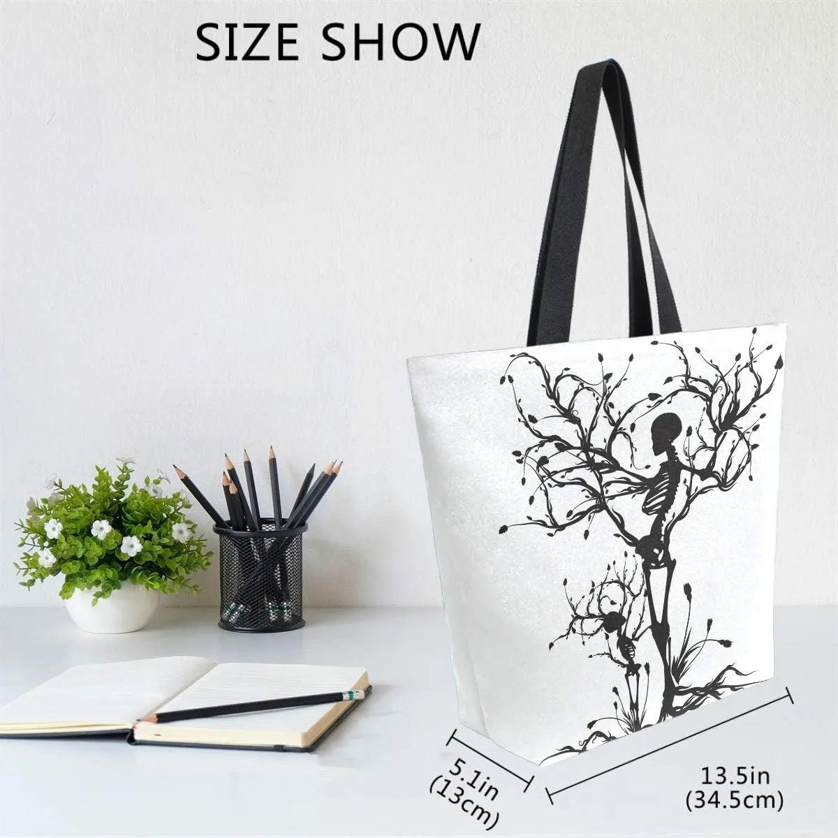 Naanle Skull Canvas Tote Bag Large Women Casual Shoulder Bag Handbag, Tree of Life Reusable Multipurpose Heavy Duty Shopping Grocery Cotton Bag for Outdoors.