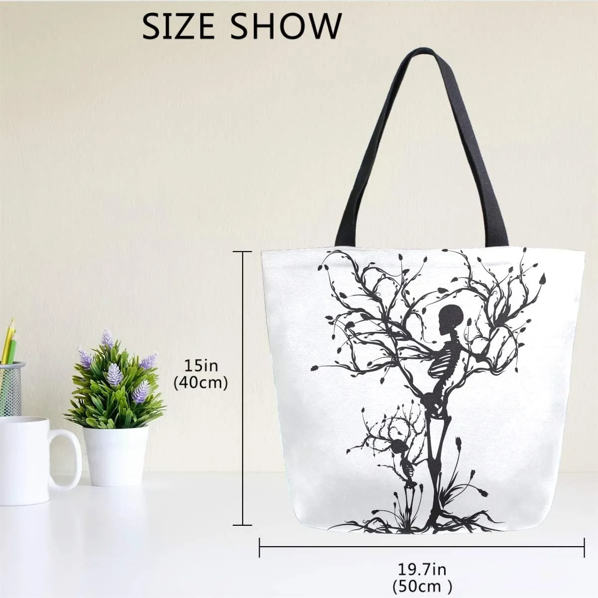Naanle Skull Canvas Tote Bag Large Women Casual Shoulder Bag Handbag, Tree of Life Reusable Multipurpose Heavy Duty Shopping Grocery Cotton Bag for Outdoors.