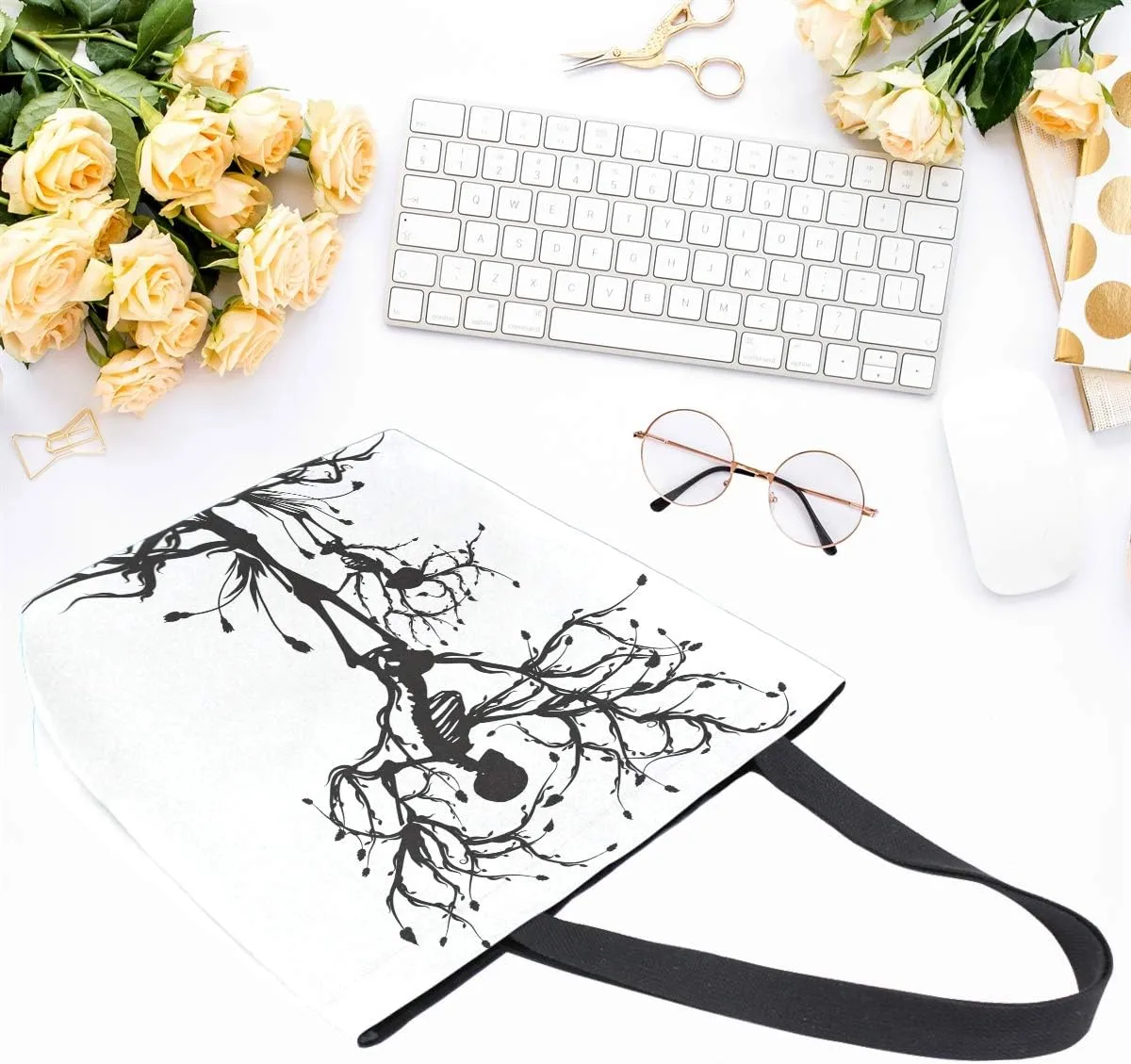 Naanle Skull Canvas Tote Bag Large Women Casual Shoulder Bag Handbag, Tree of Life Reusable Multipurpose Heavy Duty Shopping Grocery Cotton Bag for Outdoors.