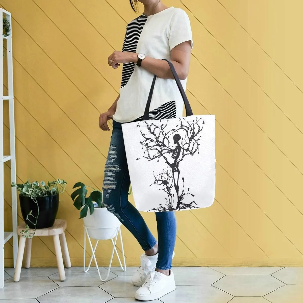 Naanle Skull Canvas Tote Bag Large Women Casual Shoulder Bag Handbag, Tree of Life Reusable Multipurpose Heavy Duty Shopping Grocery Cotton Bag for Outdoors.
