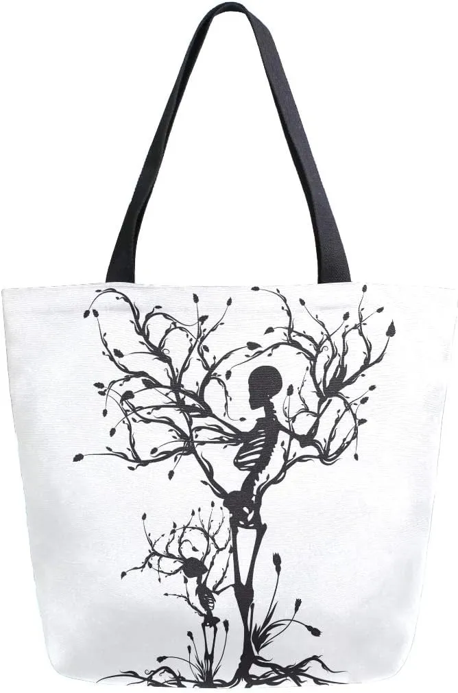 Naanle Skull Canvas Tote Bag Large Women Casual Shoulder Bag Handbag, Tree of Life Reusable Multipurpose Heavy Duty Shopping Grocery Cotton Bag for Outdoors.