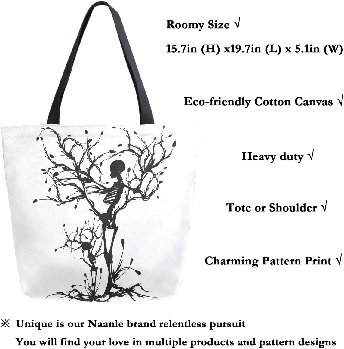 Naanle Skull Canvas Tote Bag Large Women Casual Shoulder Bag Handbag, Tree of Life Reusable Multipurpose Heavy Duty Shopping Grocery Cotton Bag for Outdoors.