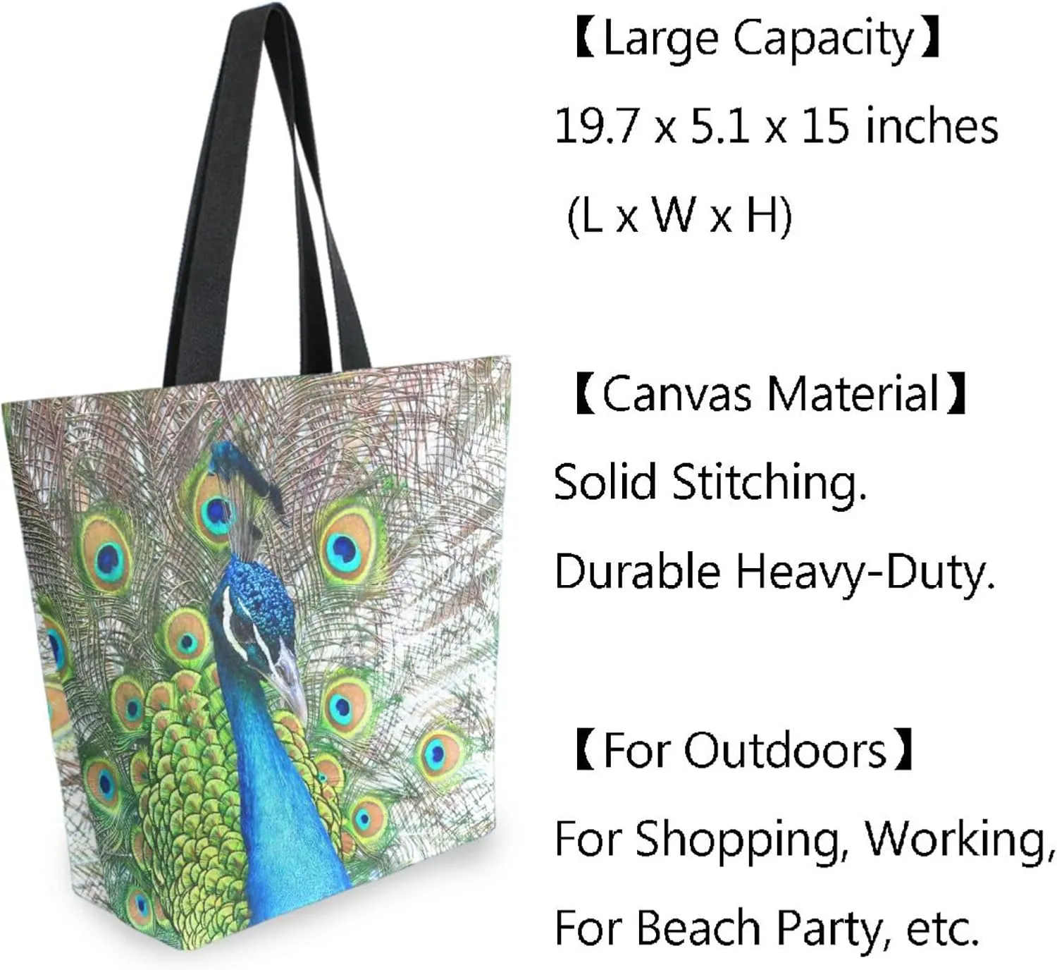 Naanle Womens Canvas Tote Bag Large Casual Shoulder Bag Handbag Peacock Feathers Canvas Tote Bag Reusable Grocery Shopping Cloth Bags Beach Bag for Women
