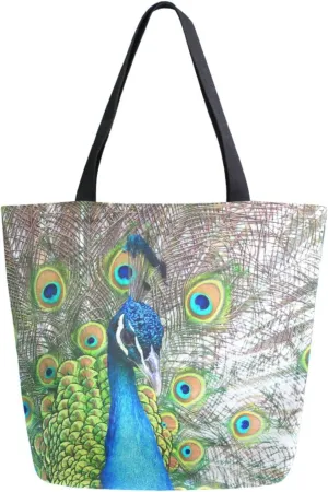 Naanle Womens Canvas Tote Bag Large Casual Shoulder Bag Handbag Peacock Feathers Canvas Tote Bag Reusable Grocery Shopping Cloth Bags Beach Bag for Women