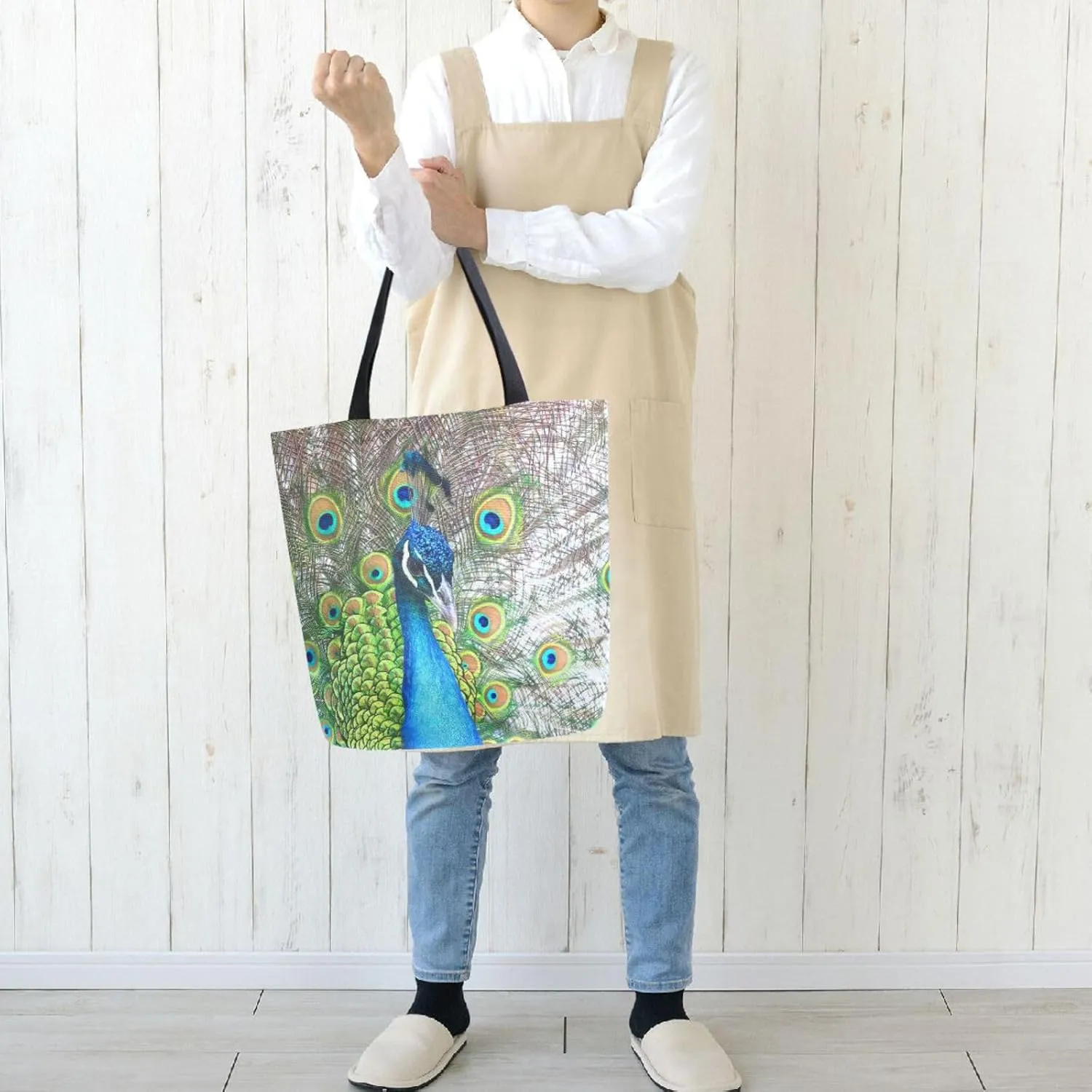 Naanle Womens Canvas Tote Bag Large Casual Shoulder Bag Handbag Peacock Feathers Canvas Tote Bag Reusable Grocery Shopping Cloth Bags Beach Bag for Women