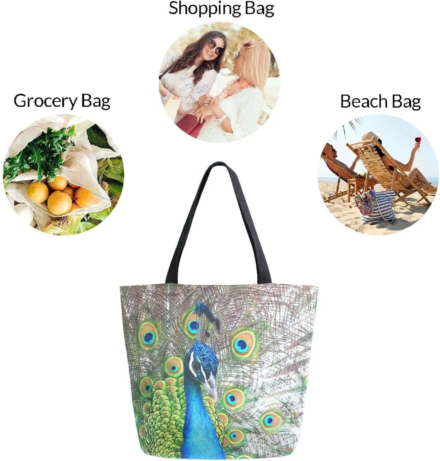 Naanle Womens Canvas Tote Bag Large Casual Shoulder Bag Handbag Peacock Feathers Canvas Tote Bag Reusable Grocery Shopping Cloth Bags Beach Bag for Women