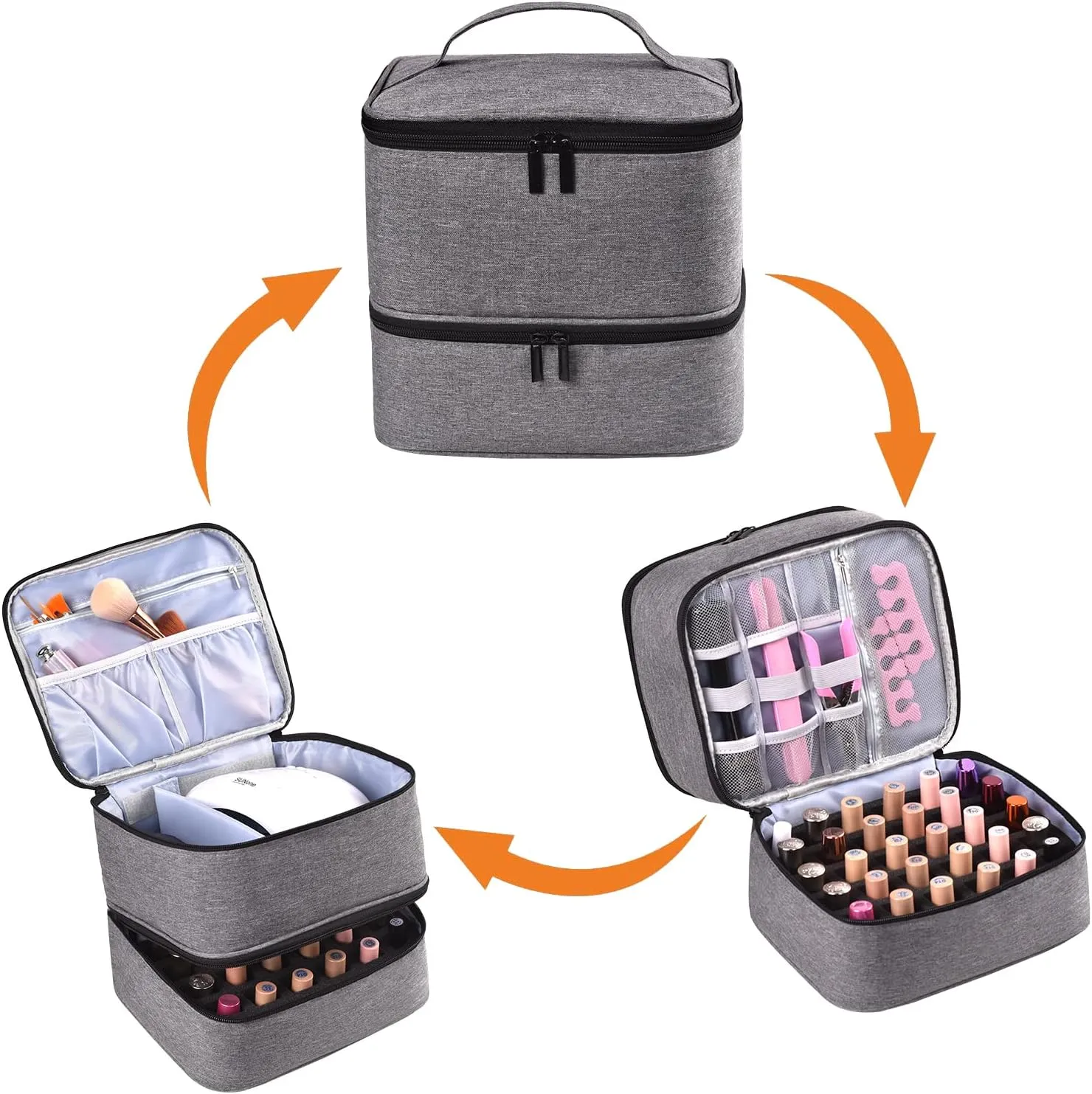Nail Polish Organizer Holds 30 Bottles (15ml) and 1 Nail Light Nail Polish Carrying Case with Storage Pockets for Manicure Tools Double Layer Nail Polish Storage Travel Bag with Handle (A-Gray)