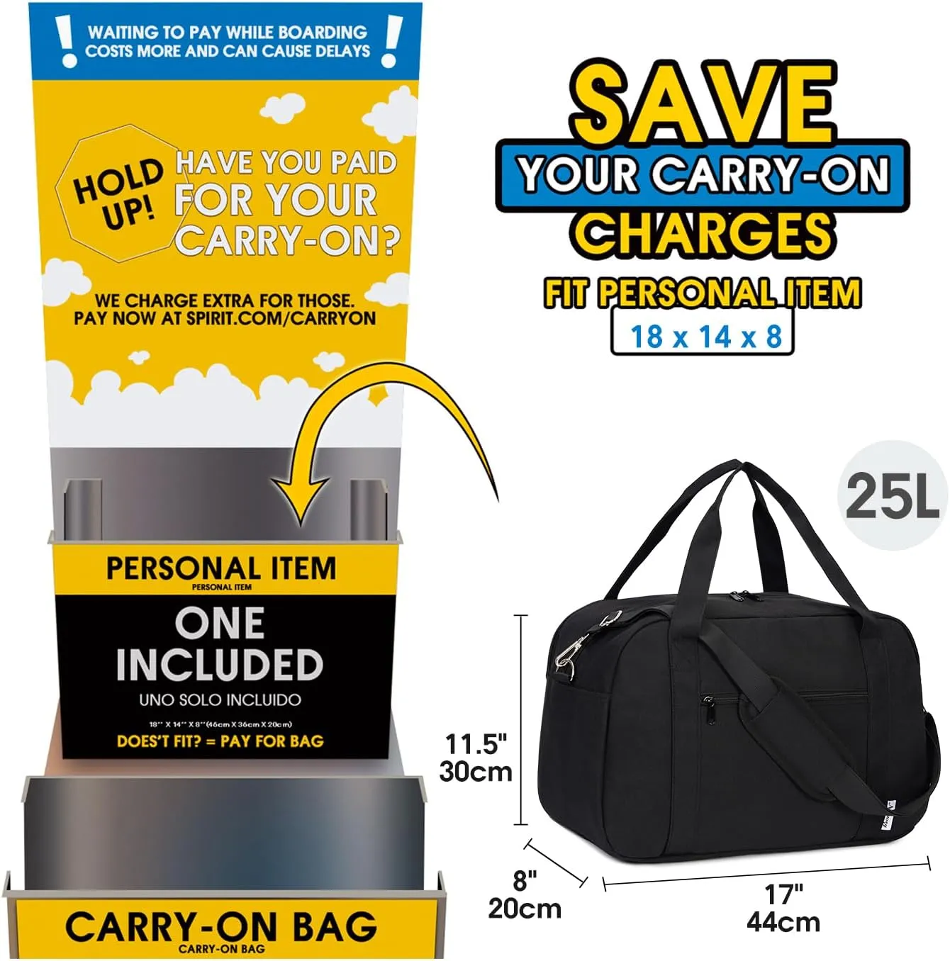 Narwey 18" Carry on Bag with Laptop Compartment 15.6 Inch Travel Duffel Bag for Spirit Airlines Personal Item Bag Overnight Weekender Bag with Wet Pocket for Women and Men (Black)