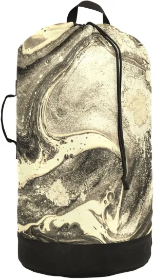 Natural Luxury Gold Marble Golden Powder Oriental Art Backpack Laundry Bag, Laundry Backpack with Shoulder Straps, Waterproof Nylon Clothes Hamper Bag for Men Women Yoga Backpack