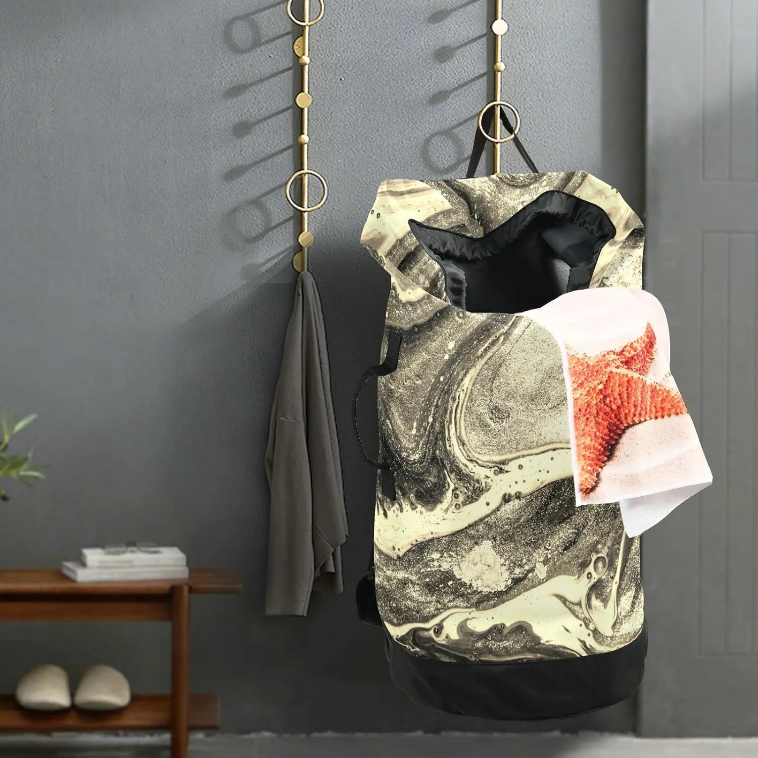 Natural Luxury Gold Marble Golden Powder Oriental Art Backpack Laundry Bag, Laundry Backpack with Shoulder Straps, Waterproof Nylon Clothes Hamper Bag for Men Women Yoga Backpack