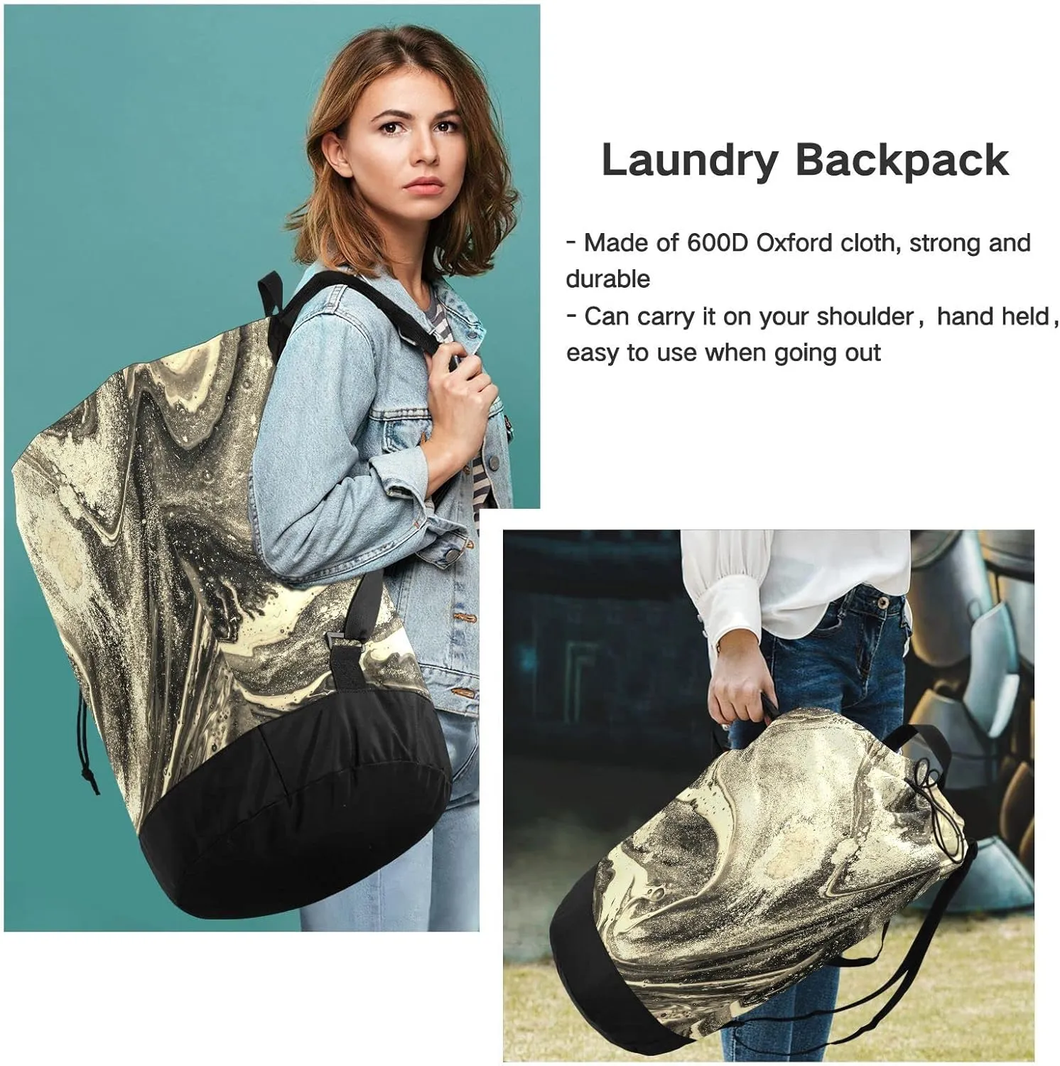 Natural Luxury Gold Marble Golden Powder Oriental Art Backpack Laundry Bag, Laundry Backpack with Shoulder Straps, Waterproof Nylon Clothes Hamper Bag for Men Women Yoga Backpack