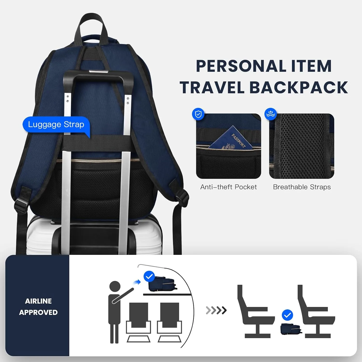 Navy Blue Backpack for Women,Backpack with Laptop Compartment,School Bag for Teens Girls, Travel Backpack Carry On, Nurse Teacher Computer Backpack, Water Resistant Daypack for College