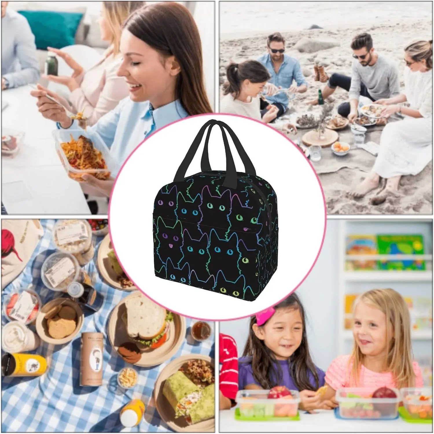 Nerxy Cat Lunch Bag Cute Leakproof Cooler Lunch Box Colorful Cat Silhouettes Insulated Meal Tote Kit Lunch Containers For School Office Picnic For Kids Adults Children,8.5x8x5 In(catLB230406)
